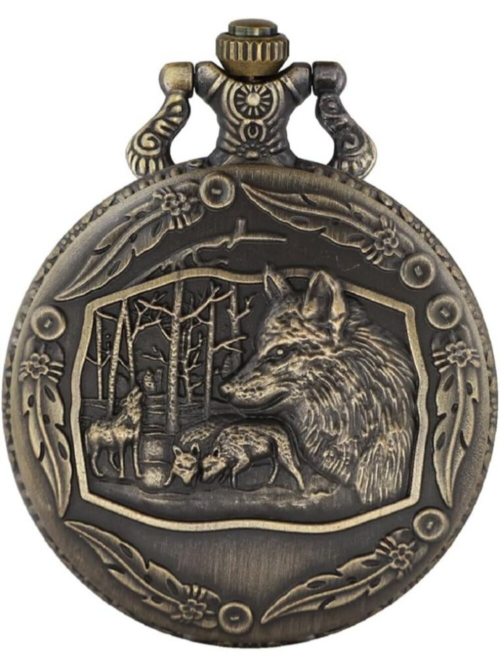Men's Brown Analog Quartz Arabic Numerals Engraved Wolf Vintage Pocket Watch